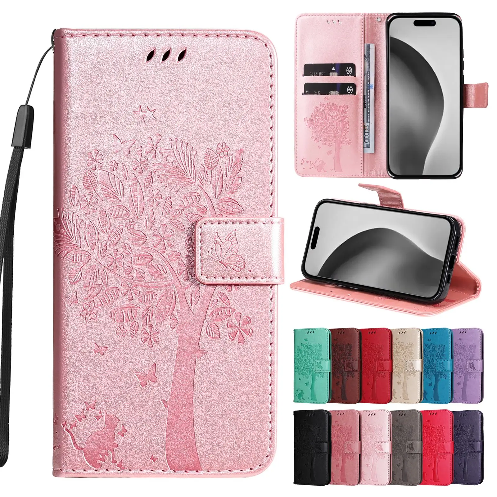 Phone Case for OPPO A79 A58 A38 A18 A78 A98 A1 F23 Realme 11X C53 Reno 10 11 Pro Synjolly Flip Card Wallet Tree Stand Cover