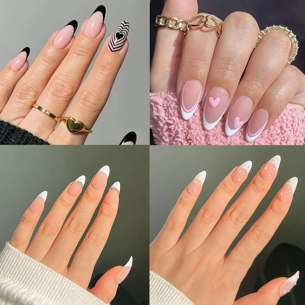 

24pcs/Box Press On Nails Artificial Detachable Manicure Tool Almond False Nails Wearable Nail Tips French Fake Nails