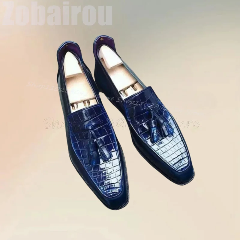 Синие крокодиловые Мокасины с принтом и кисточками квадратный носок