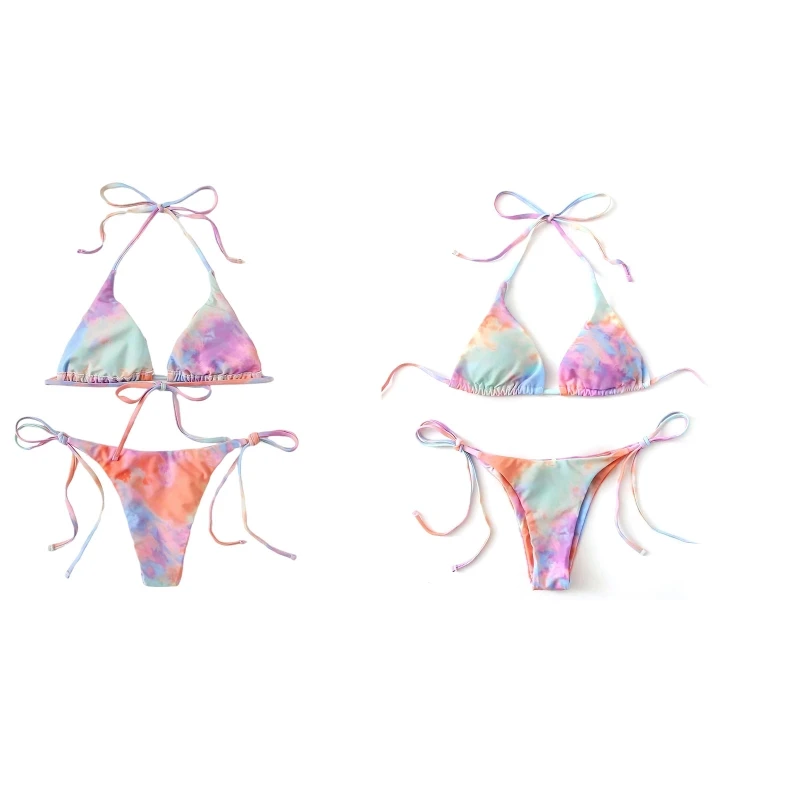 

Women Tie Dye 2-Piece Knotted Swimming Suit Wrap Beachwear Chest Gather Bikini