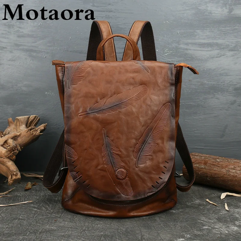 

Retro Backpack Luxury Genuine Leather Bag For Women Vintage Embossed Cowhide Backpacks Leisure Feather Backpack Ladies