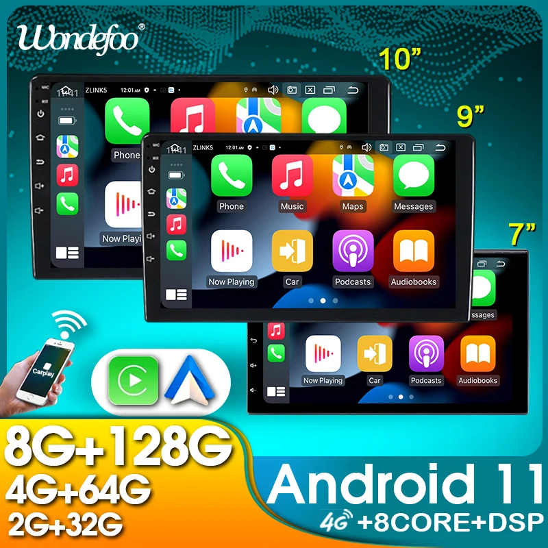 Автомагнитола Wondefoo универсальная 2 DIN Android 11 7/9/10 дюймов Bluetooth 4G для Volkswagen Hyundai Nissan