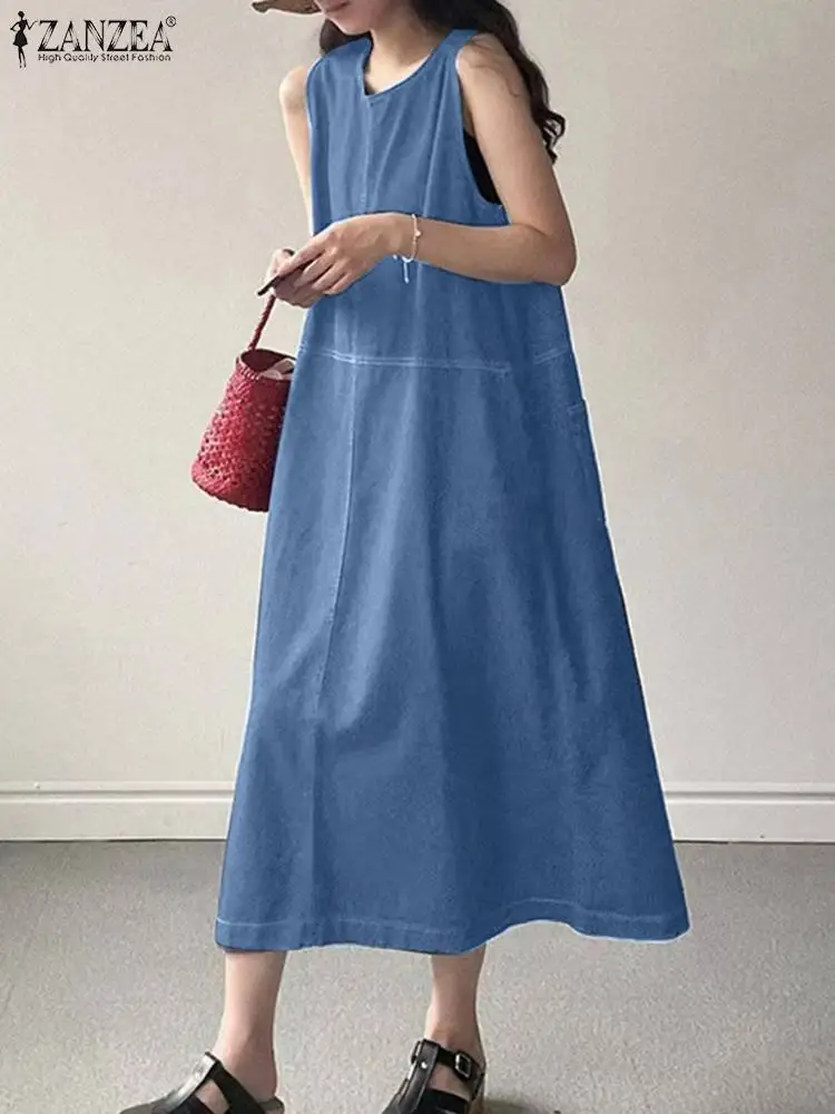 

Винтажный джинсовый синий сарафан ZANZEA, женское модное Повседневное платье на бретелях, женское джинсовое платье без рукавов, Платья-макси в стиле ретро, кафтан