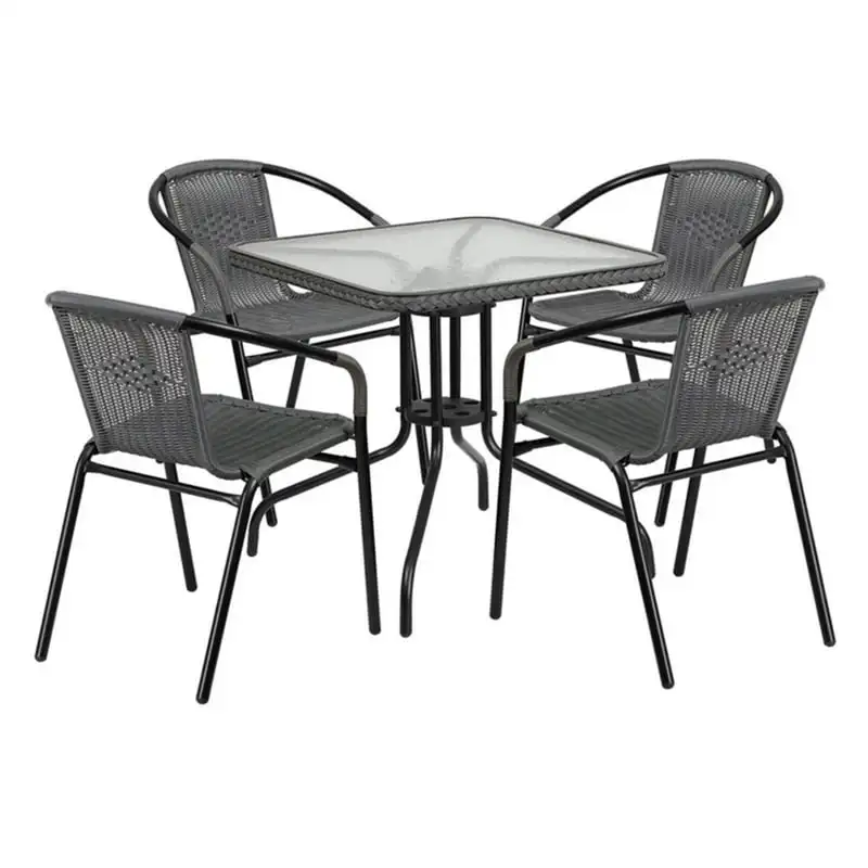 

28'' Glass Metal Table with Gray Rattan Edging and 4 Gray Rattan Stack Chairs Outdoor dining chairs Acrylic nordic chair Desk c