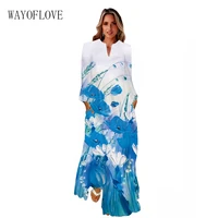 wayoflove woman vintage spring autumn long dress elegant party casual holiday beach blue flower print vestidos long sleeve dress