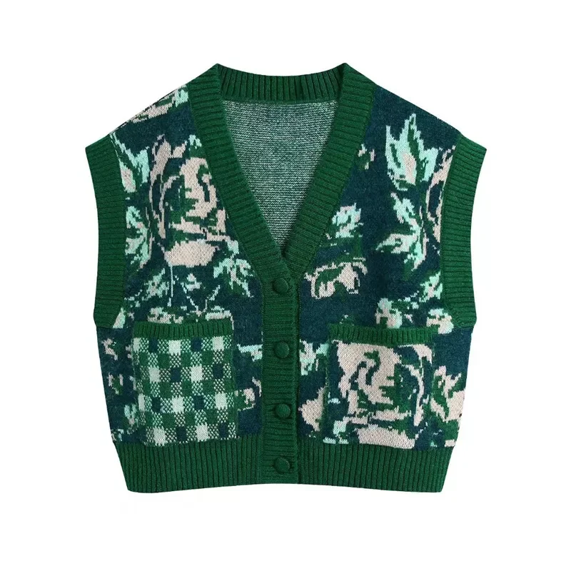 

Женский жаккардовый жилет с карманами, V-образным вырезом и цветочным принтом