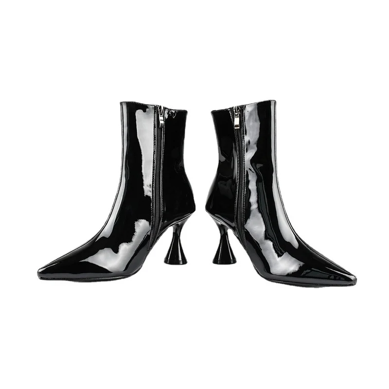 2022 Boots for Women Fashion Pointed Patent Leather Candy Color Solid Mid Boots Thin Heels Brand High Heel Women's Ankle Boots