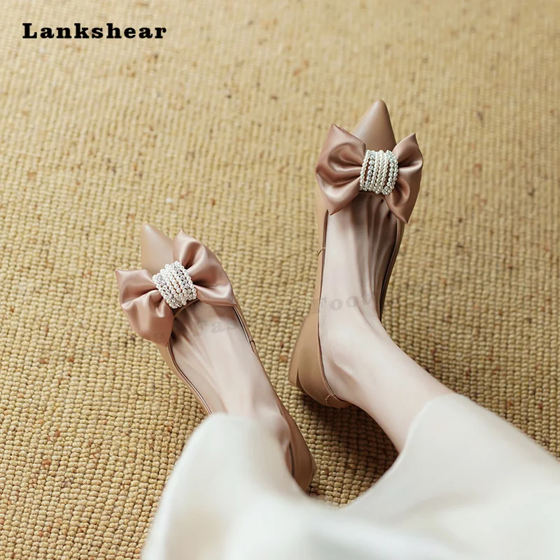 2022 New Ladies Fashion Low Heels Butterfly-Knot Pearl Pumps Ladies Sexy Party Casual Shoes Spring and Summer Flats Shoes