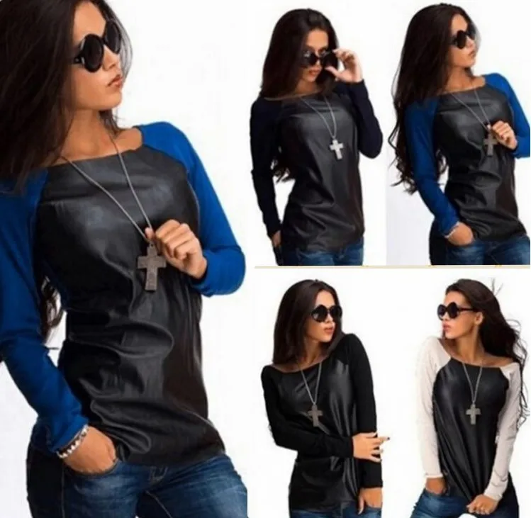 Fashion Women T-Shirt Autumn Color Block Stitching O Neck Long Sleeve Faux Leather T-Shirt Top Women Clothing 2022