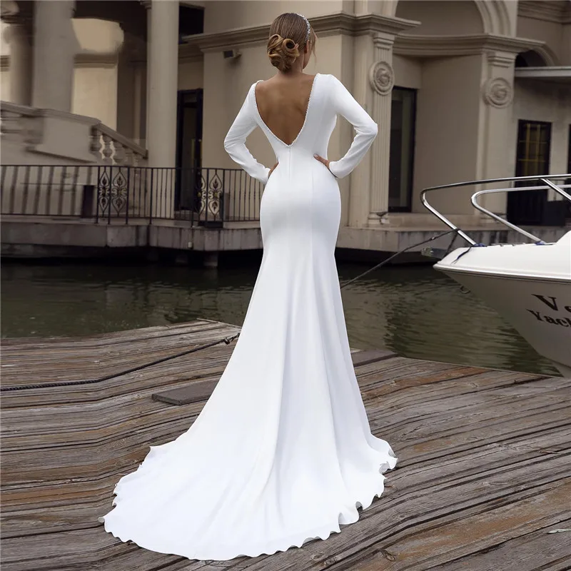 

Mordern V Neck Mermaid Princess Wedding Dresses Sweep Train Satin Long Sleeve Bridal Gowns Customize Made
