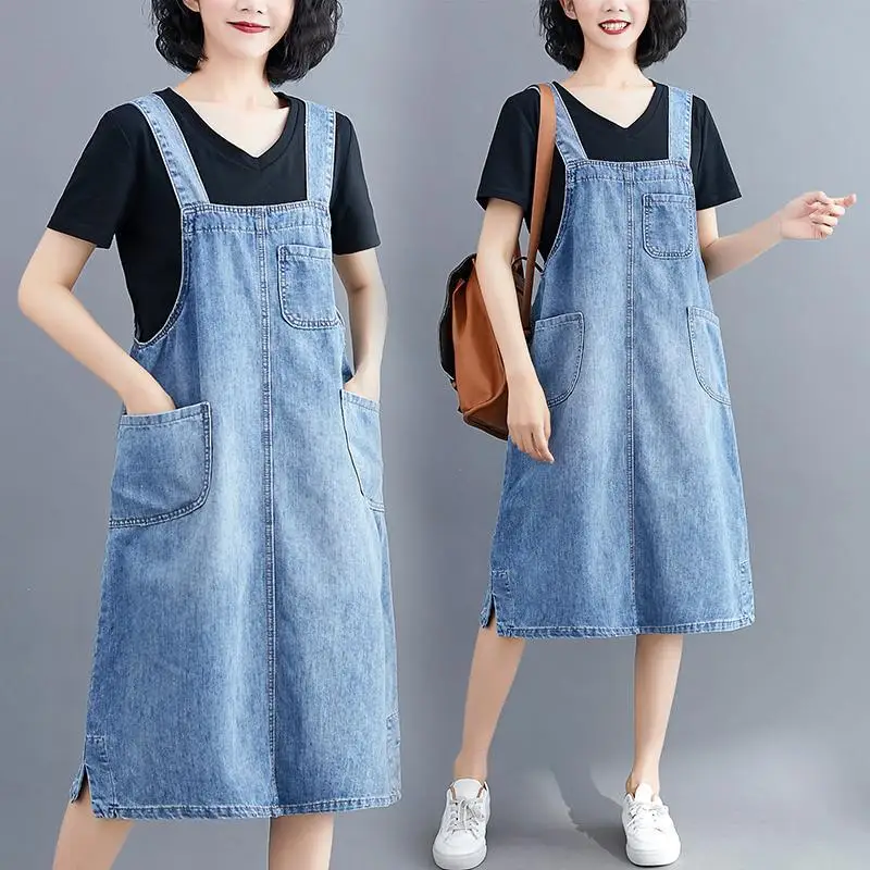 

Korean Style Fashion Casual Loose Denim Dresses Women Sleeveless Spaghetti Strap Jeans Dress Pockets Long Sundress Vestidos E75