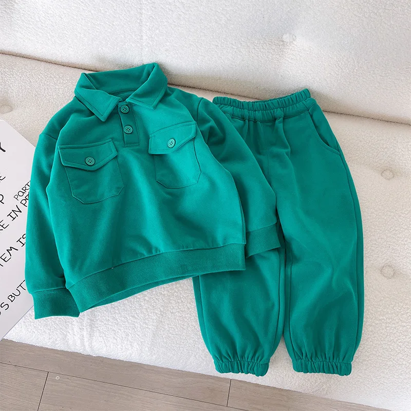 

Korean Casual Two Piece Set Sports Suit Unisex Children Sets Turn-down Collar Solid Sets Fashion Streetwear