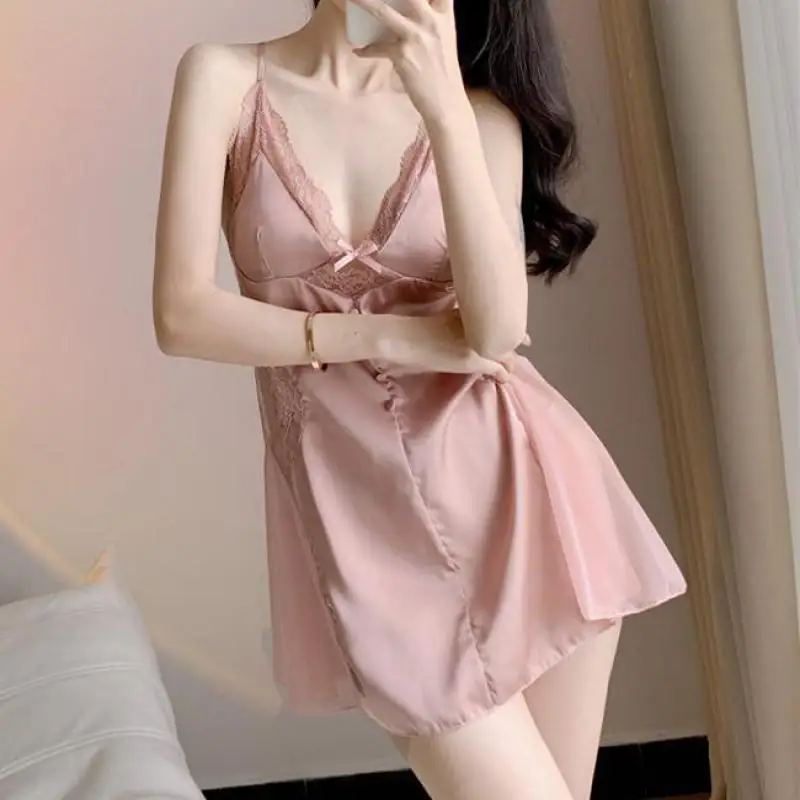 

Sexy V-Neck Nightgown Summer Women Lace Hollow Out Dressing Gown Loungewear Satin Strap Sleepdress Nightwear Home Dress Lingerie