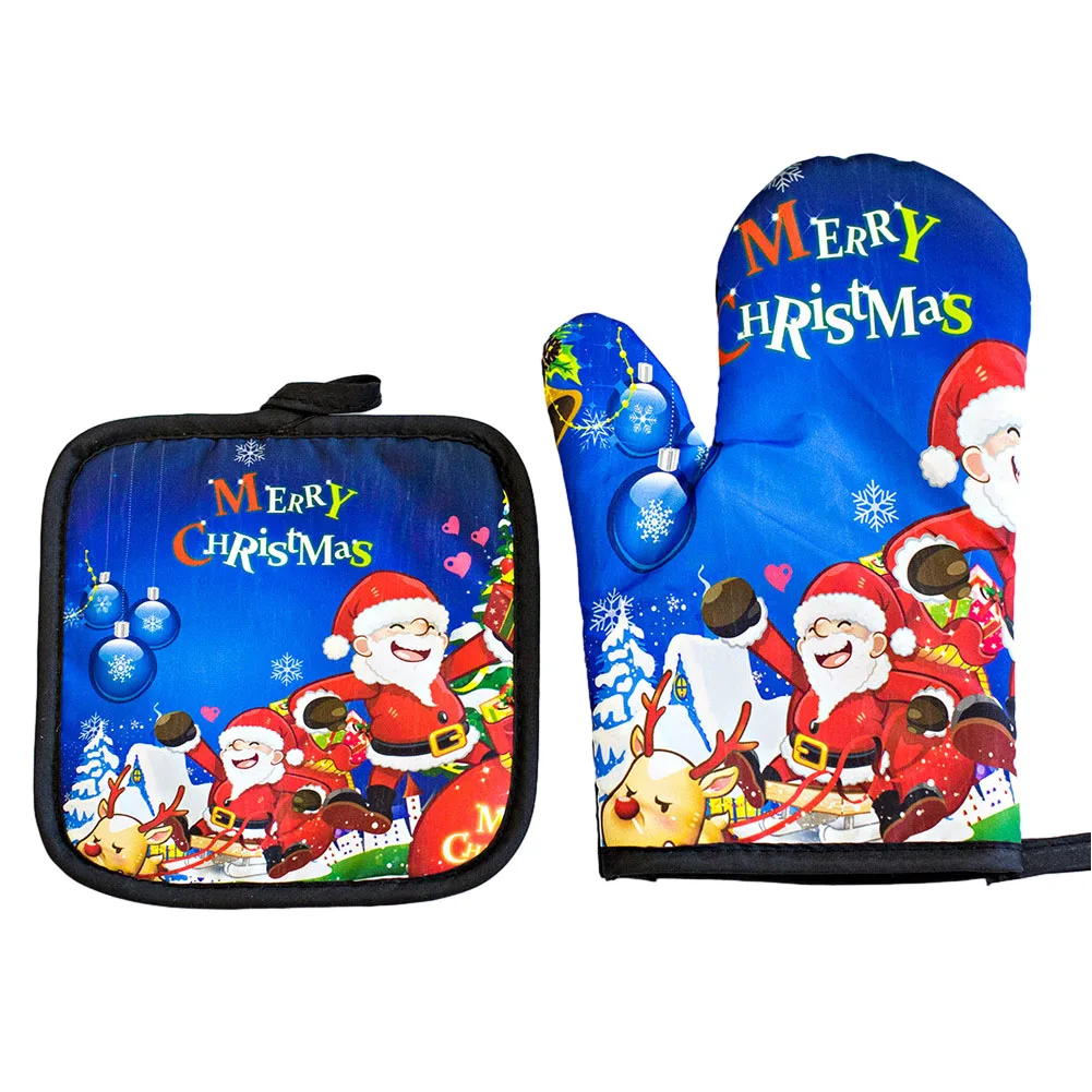 

Christmas Insulated Gloves Kitchen Heat-Resistant And Scald Resistant Oven Gloves Icrowave Oven Printed Glovems Set