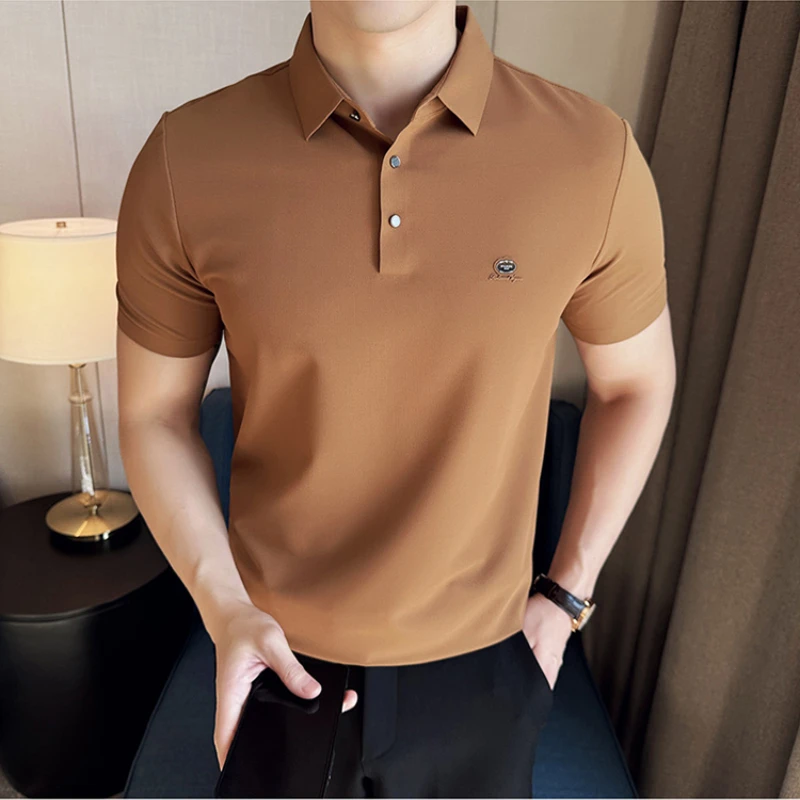 Высокоэластичная вафельная бесшовная рубашка-поло для мужчин летняя Облегающая