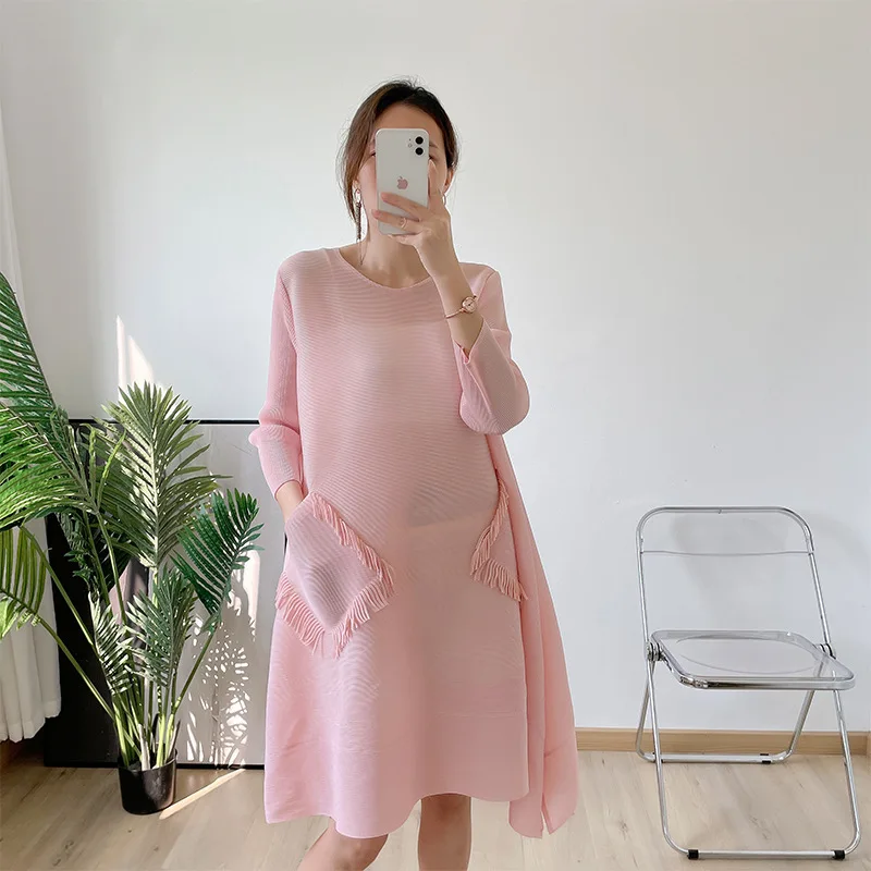 

Однотонное плиссированное платье с бахромой, Новинка лета 2022, Женская Модная элегантная юбка с поясом и карманами и круглым вырезом, высоко...