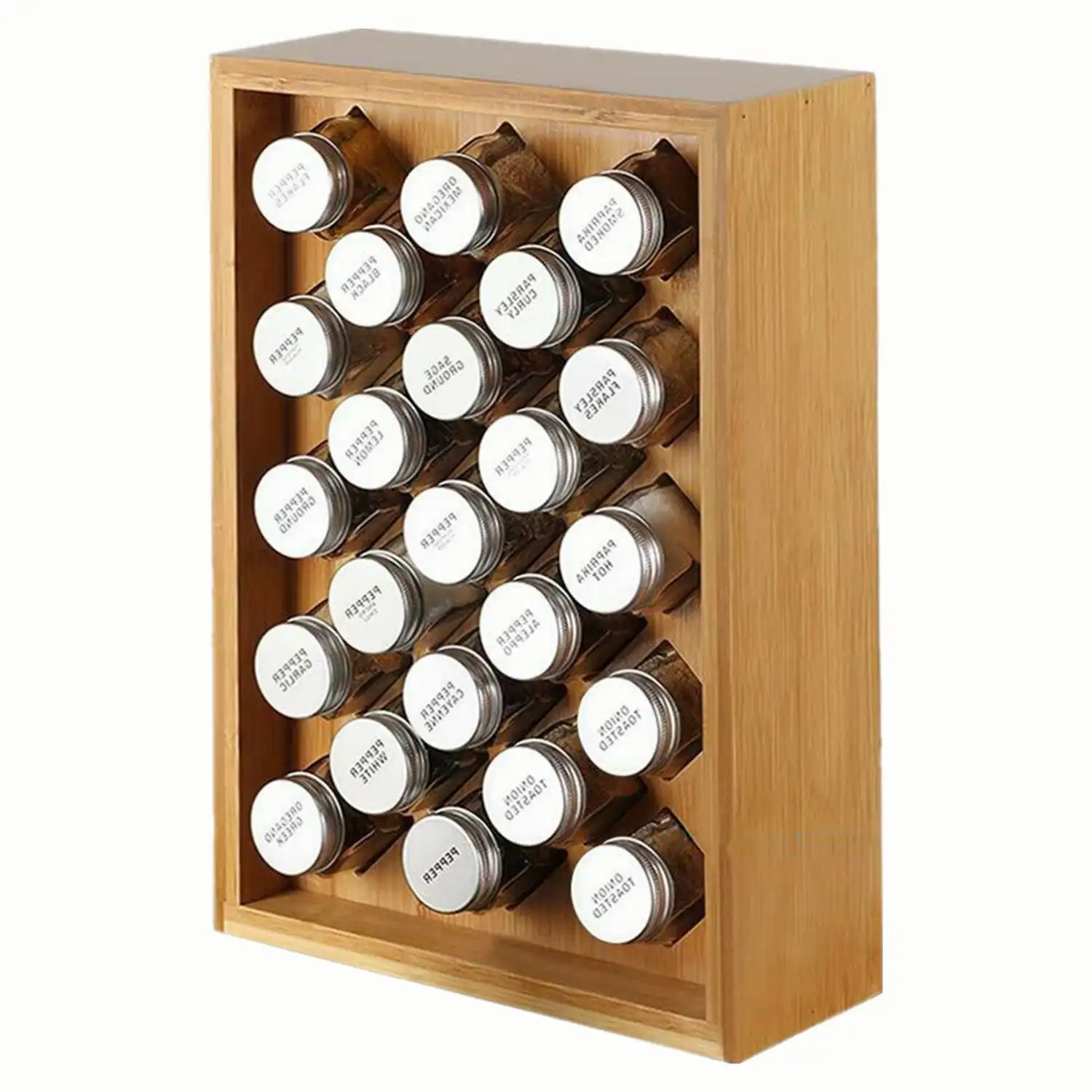 

Bamboo Free Standing Spice Organizer with 23 Glass Jars by