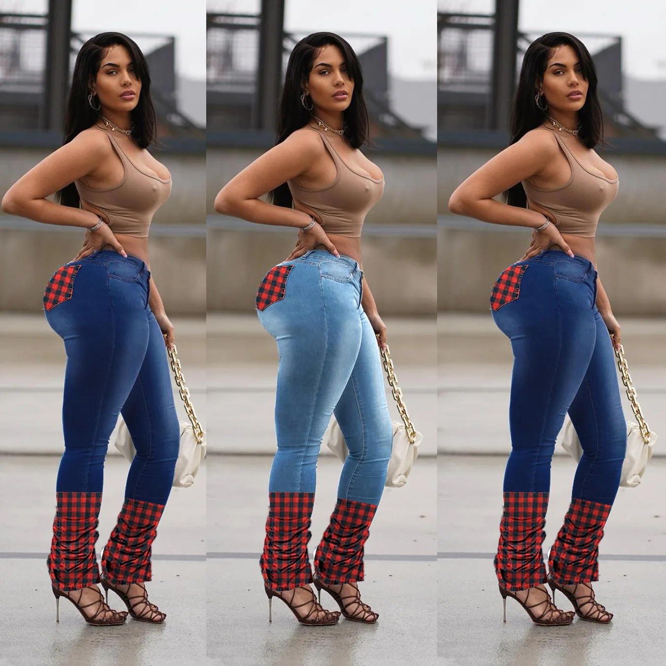 

2022 new spring and autumn women's clothing high waist slim creative stitching foreign trend jeans women