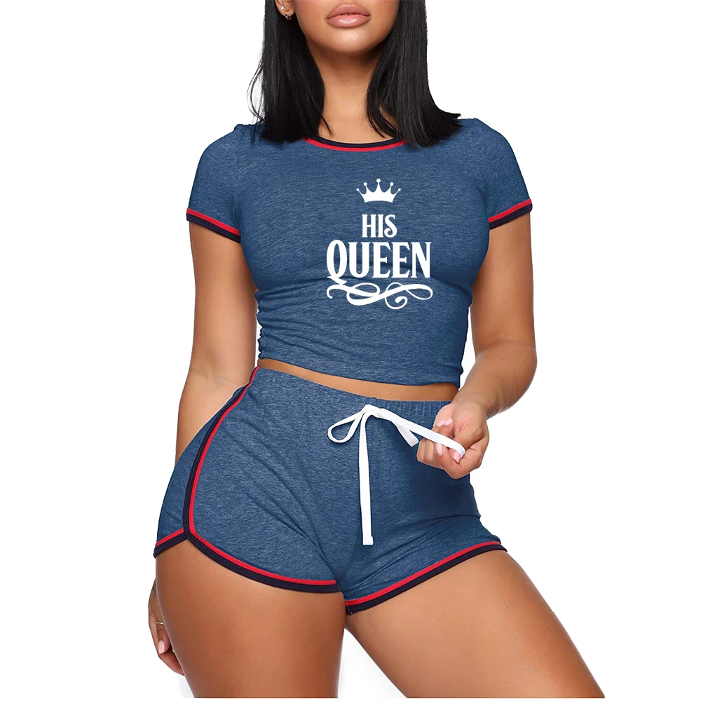 Summer Women Outifits 2 Pieces Set T-shirt and Shorts Queen Printed Short Sleeve Crop Top Slim Sexy Casual Sport Female Suit