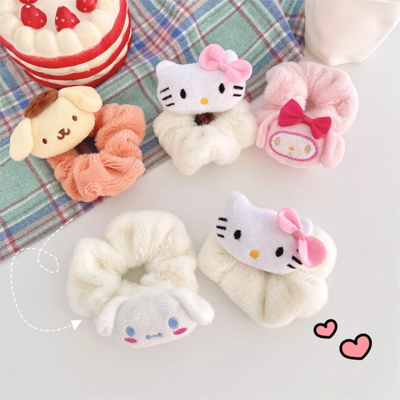 

Girl Heart Kuromi Cinnamoroll Mymelody Pompom PurinJK Soft Girl Cute Plush Large Intestine Hair Ring Cartoon Hair Rope