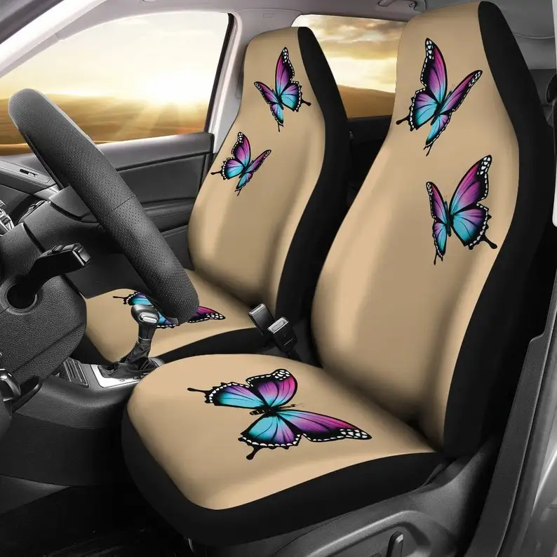 

Tan Car Seat Covers Set With Purple and Blue Bright Butterflies Universal Fit For Most Bucket Seats Girly Seat Protectors