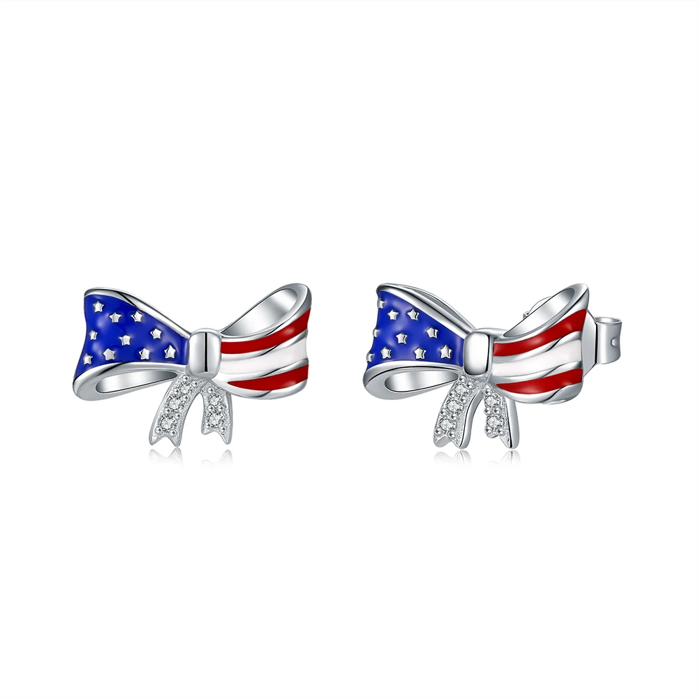 925 Sterling Silver American Patriotic Flag Bowknot Stud Earrings for Women Girls, 4th of July Independence Day Jewelry Gifts