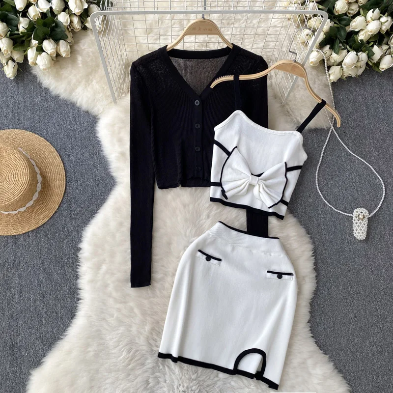 

Лидер продаж, трикотажная одежда для девочек, комплект из 3 предметов для женщин, вязаный кардиган + кофта с бантом + облегающий женский костюм мини-юбка, костюмы Y2k