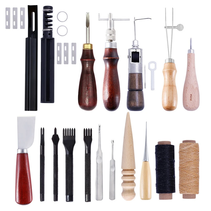 

MIUSIE Leather Sewing Tools DIY Leather Craft Tools Hand Stitching Tool Set Saddle Groover with Awl Waxed Thread Thimble Kit