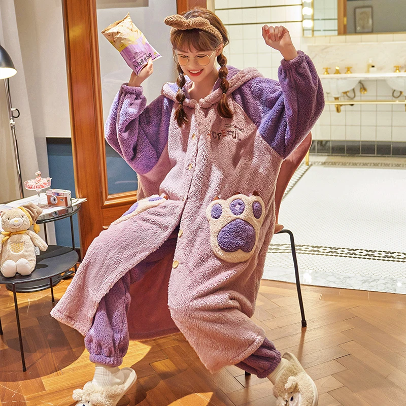 Winter Pajamas Fashion Women Sleepwear Plush Robe Thermal Pantsuit Home Wear Add Fleece and Thicken Nightgown Plus Size