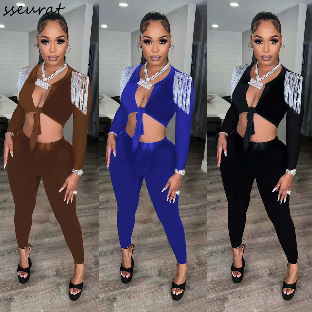 

2 Pieces Pants Sets Sexy Women Tassel Design Top Shirt & Slim Pants Suits