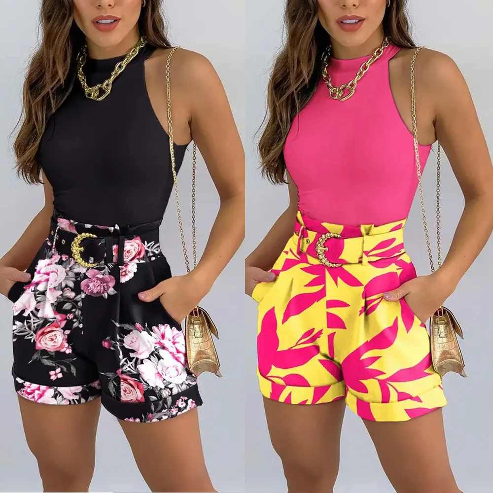 

2 Piece Set for Women 2023 Summer New Print Sleeveless Vest Casual Shorts Set Women's Outfits