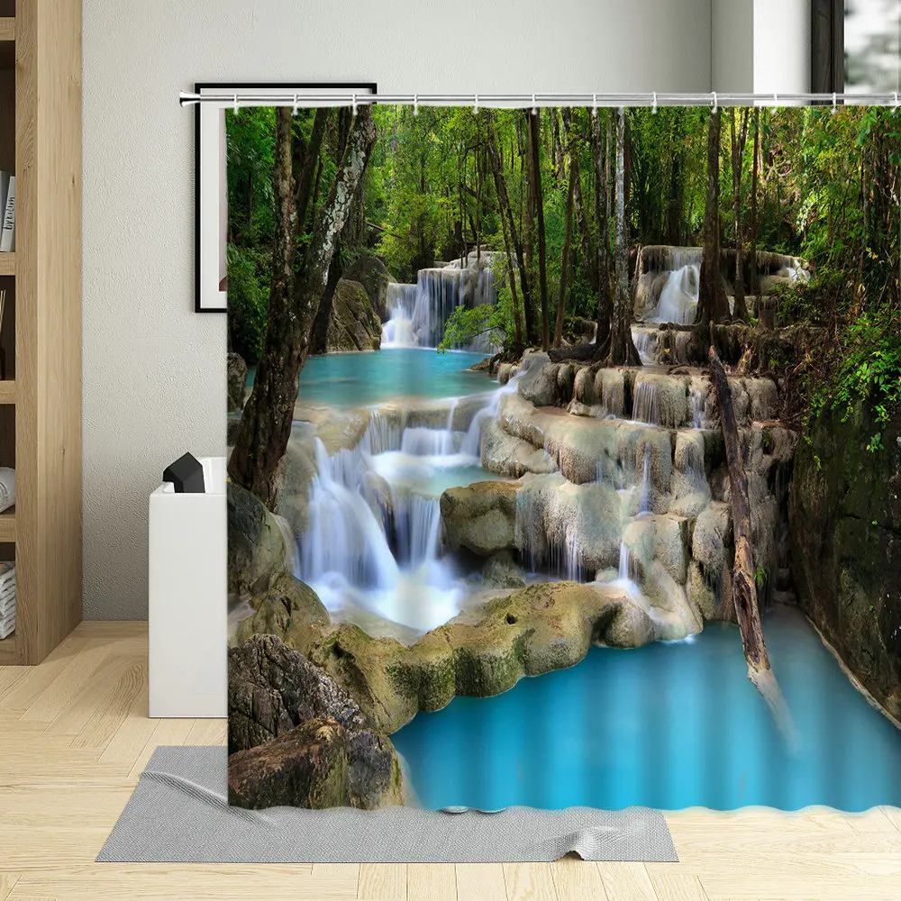 

Занавеска для душа pring с осенним лесным водопадом, Штора для ванной комнаты с изображением природных пейзажей, ручей и скал, моющаяся декорация для дома