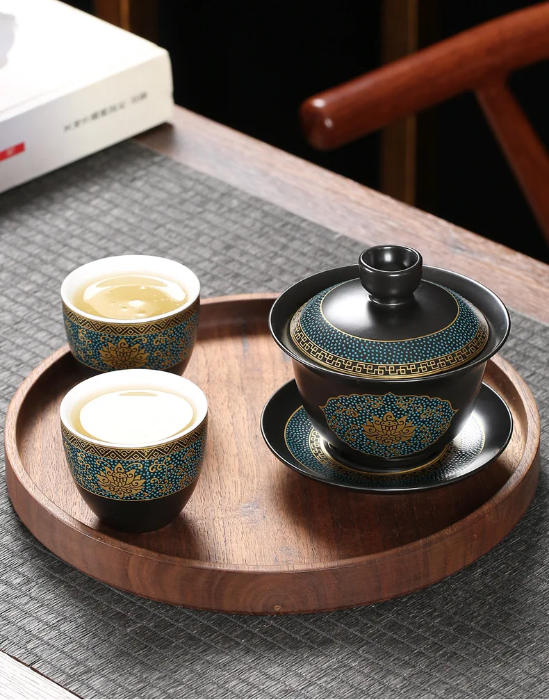 Классические чайные чашки Gaiwan 180 мл, набор из черной глины, чашка с крышкой, блюдце, традиционная чашка для чая ручной работы, кофе