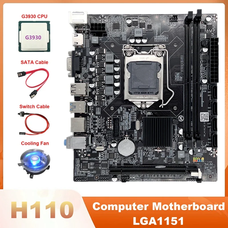 

Материнская плата H110 LGA1151 для компьютера с поддержкой процессора Celeron G3900 G3930 с процессором G3930 + вентилятор охлаждения + кабель переключателя + кабель SATA