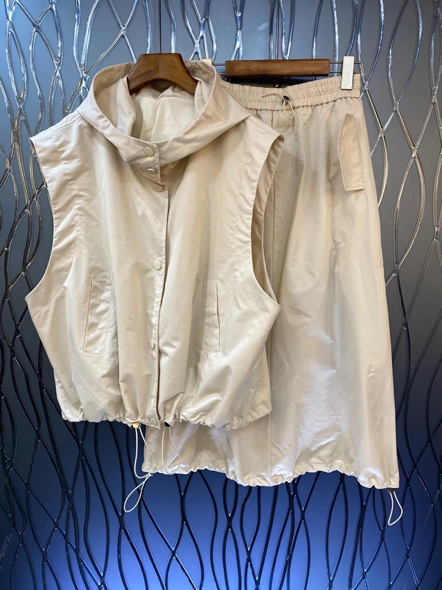 

2023 new women fashion suit hooded sleeveless loose hem drawstring top + casual long skirt 2-piece set 0328