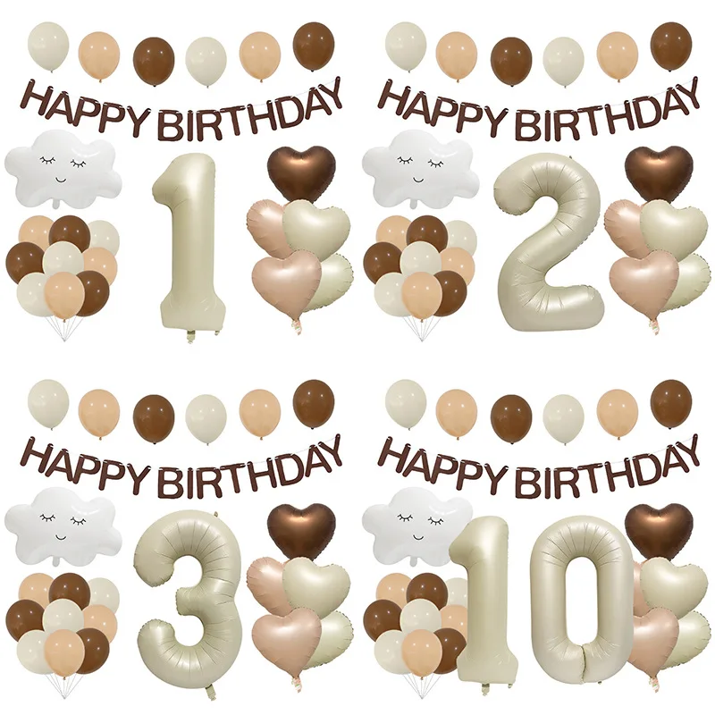 1set Cloud 18inch Hearts 40inch Cream White Number Balloons Happy Birthday Banner Kids Party Decorations Baby Shower