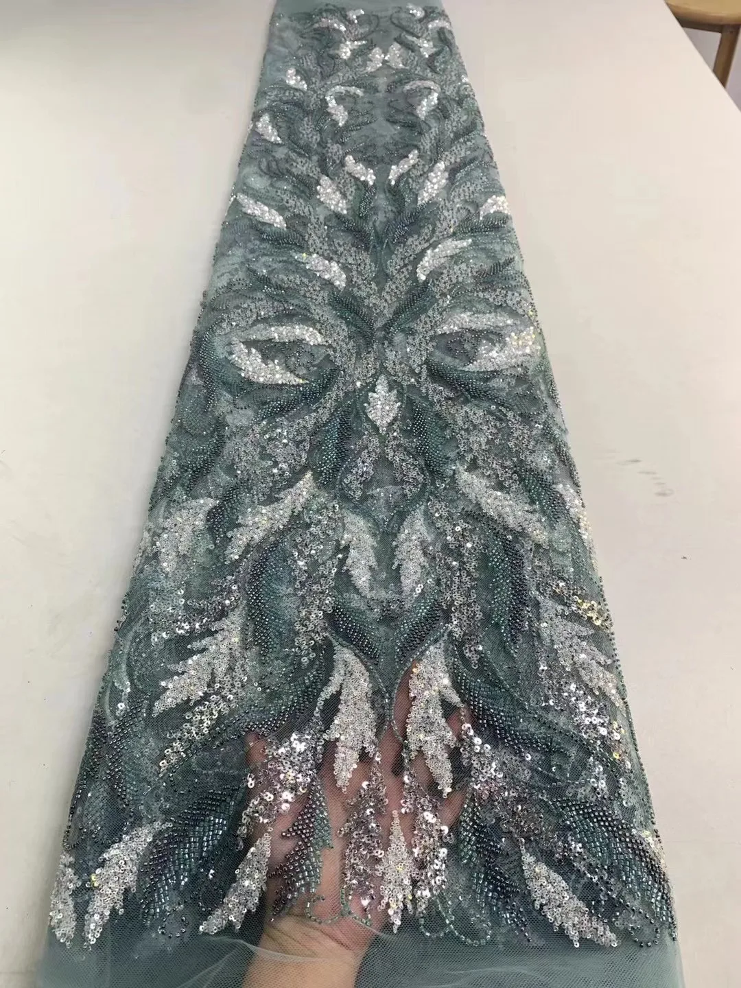 

High-End Handmade Beaded Lace Fabric Green Embroidery French Lace Wedding Dress Embroidered Aqua Tulle Fabric