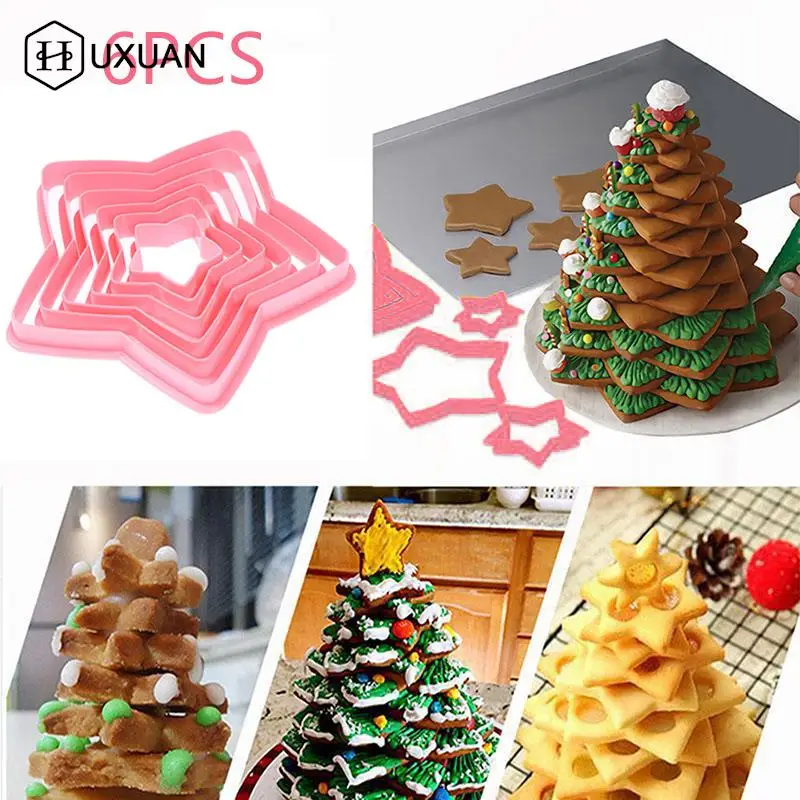 

6pc Sets Christmas Tree Cookie Cutter Mold Stars Shape Fondant Cake Biscuit Cutter Moulds 3D Cake Decorating Tools Baking Moulds