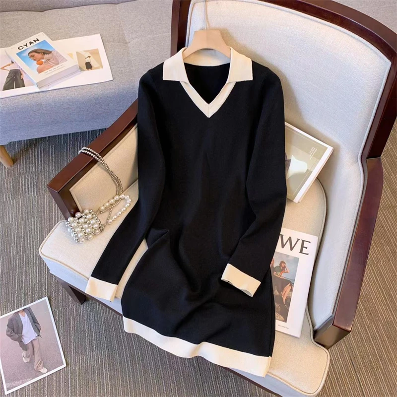 

Polo Neck Knitted Long Sleeved Black Dress Women's Spring And Autumn New Casual Color Contrast Slim Bag Hip Skirt Female