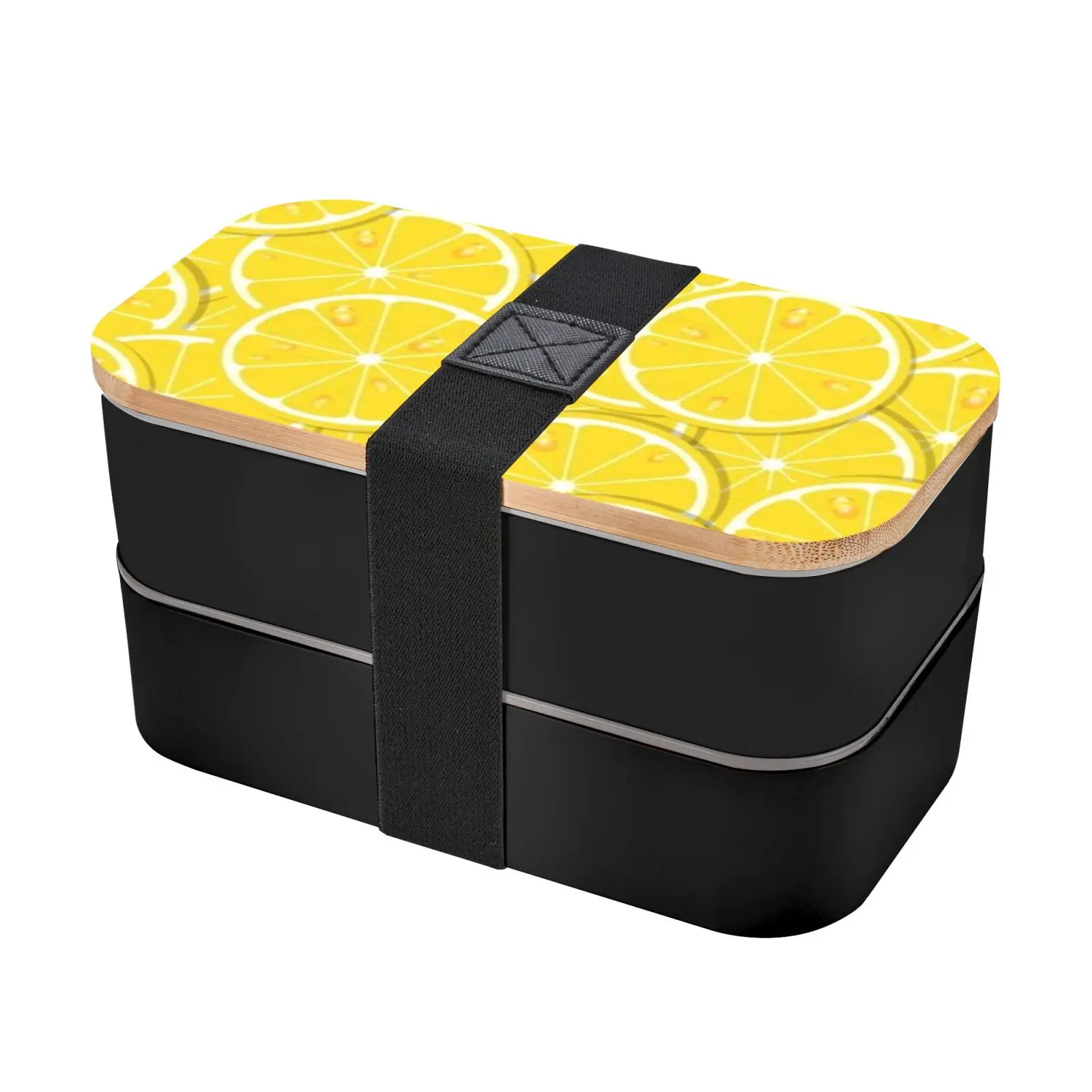 

2022 New Wooden Lid + PP Material Fashionable Strap Double Layer Lunch Box Knife Fork Yellow Refreshing Lemon Slices