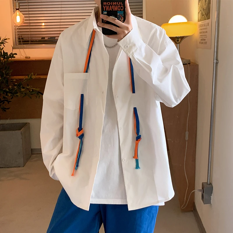 

Long Sleeve Contrast Color Shirts Men Autumn Big Size Chic Loose Vintage High Street All-match Gentleman Harajuku Blouse A192