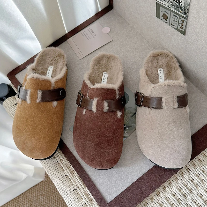 

2023 Fur Slippers For Women Winter Fluffy slippers Cork Shoes With Plush Cow Suede Cork Clogs Slippers Warm Shoes Women's Clogs
