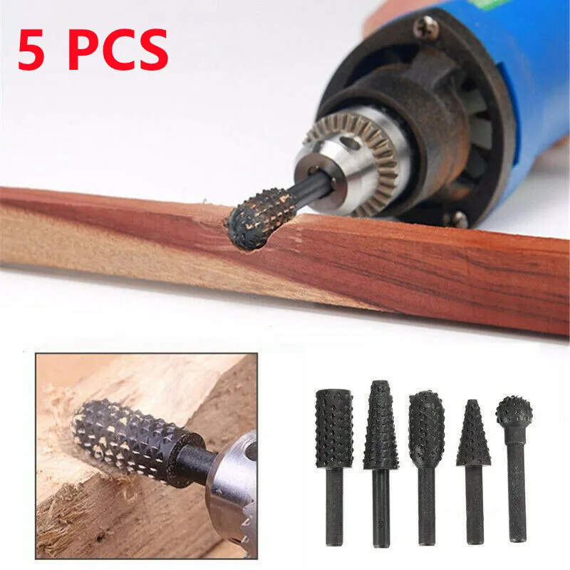 

5pcs/set Steel Rotary Rasp File 1/4" Shank Rotary Craft Files Rasp Burrs Wood Bits Grinding Wood Carving Woodworking Hand Tool