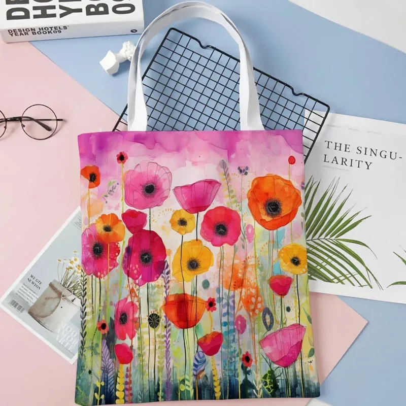 

New Lady Tote Bags Flowers Printed Fabric Eco Handbag High Capacity Shopping Office Reusable Casual Shoulder Bag 1016WJY