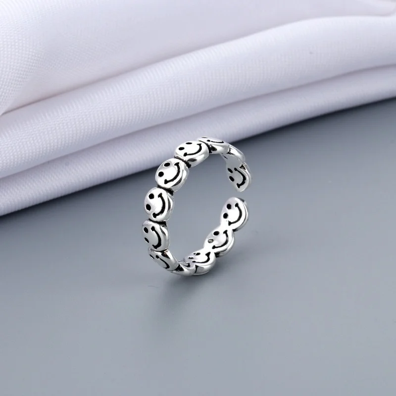 Thai silver retro smiling face ring men's and women's fashion personality neutral design cool wind net red open mouth index ring
