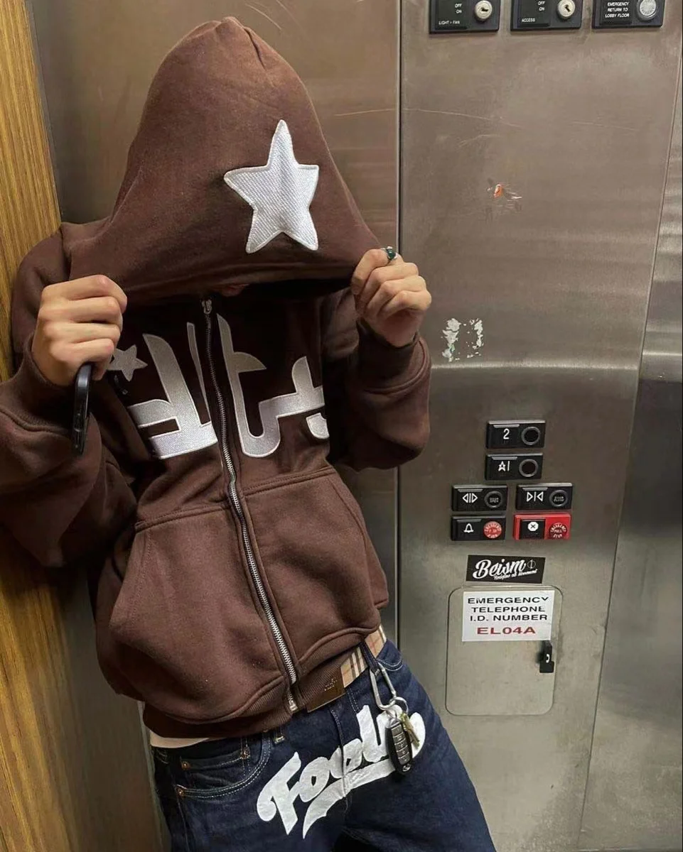 

Punk Men Women's Hip Hop Streetwear Hooded Jacket Star Embroidery Sweatshirt Harajuku Y2K Winter Jacket Outwear Zipper Unisex