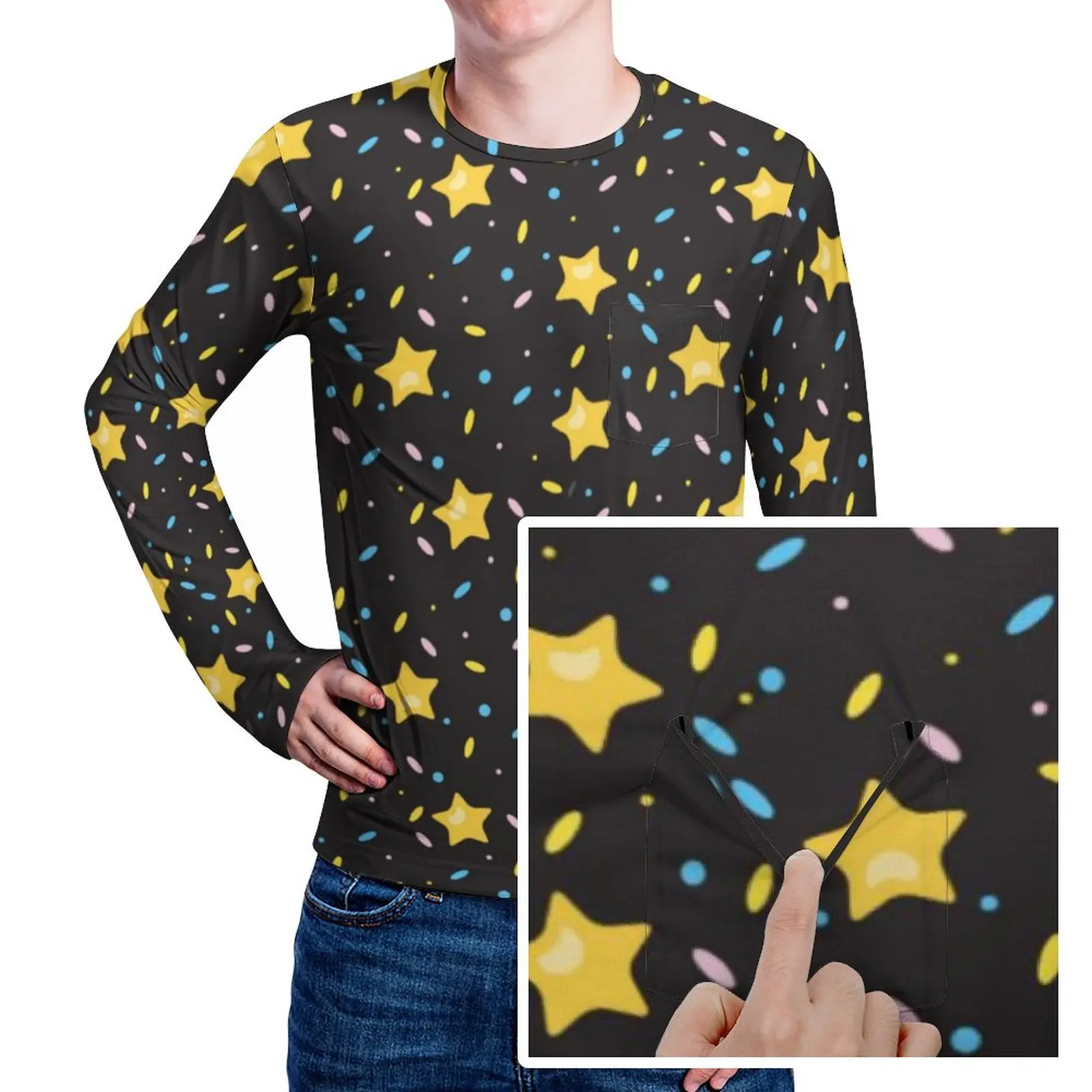 

Футболка мужская с принтом золотых звезд, милая популярная тенниска с карманами, рубашка с длинным рукавом, оверсайз, подарок на день рожден...