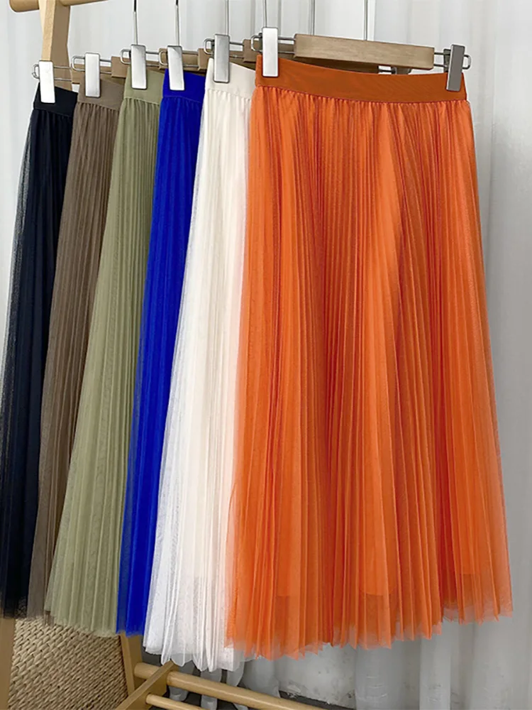 

Croysier Skirts Womens 2022 Elegant Tulle Pleated Skirt Summer Clothes For Women Elastic High Waist Solid Casual Mesh Midi Skirt