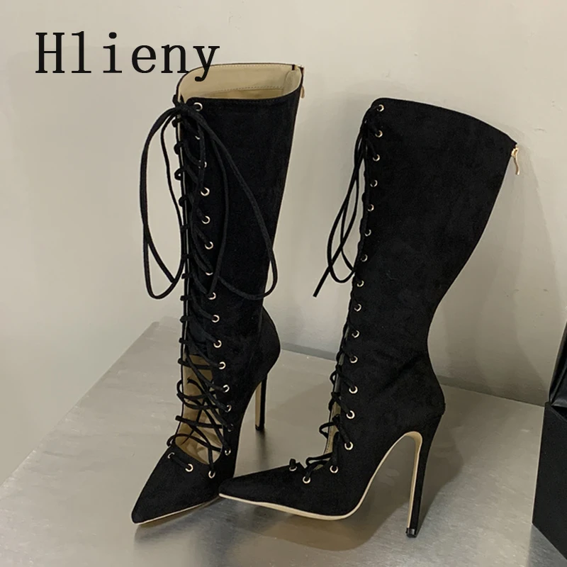 Фото Дизайнерские женские ботинки Hlieny с острым носком, ажурные, дышащие, с перекрестными ремешками, на шнуровке, модные сандалии на тонком каблуке с молнией №5