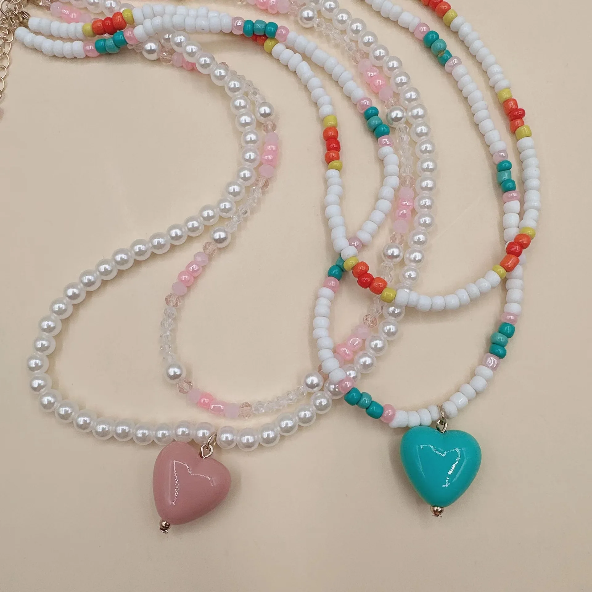 

2023 New Korean Double layered Love Heart Pendant Pearl Bead Beaded Necklace For Women Party Holiday Jewelry Accessories